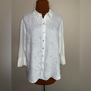 Chico's Linen White Eyelet Button-Down Shirt Long Sleeves Size Large